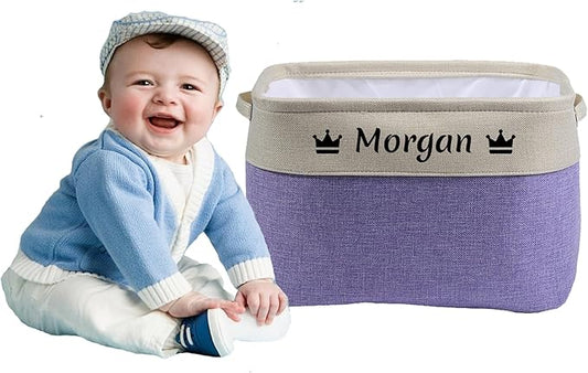 Personalized Kids Storage Basket with Name - Purple Two-Tone Linen Bin for Nursery and Personalized Baby Gifts