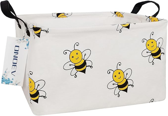 Smiling Bumblebee Canvas Storage Hamper Basket - Foldable Waterproof Bee Print Bin for Nursery, Kids Room, and Bee-Themed Gift Hampers