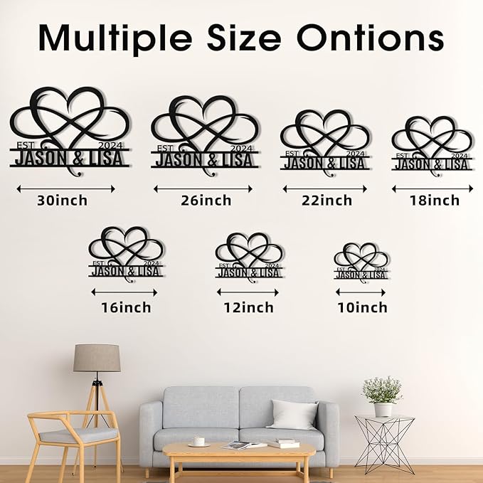 Infinity heart metal sign size options chart: 10–30 inch, EST Jason & Lisa