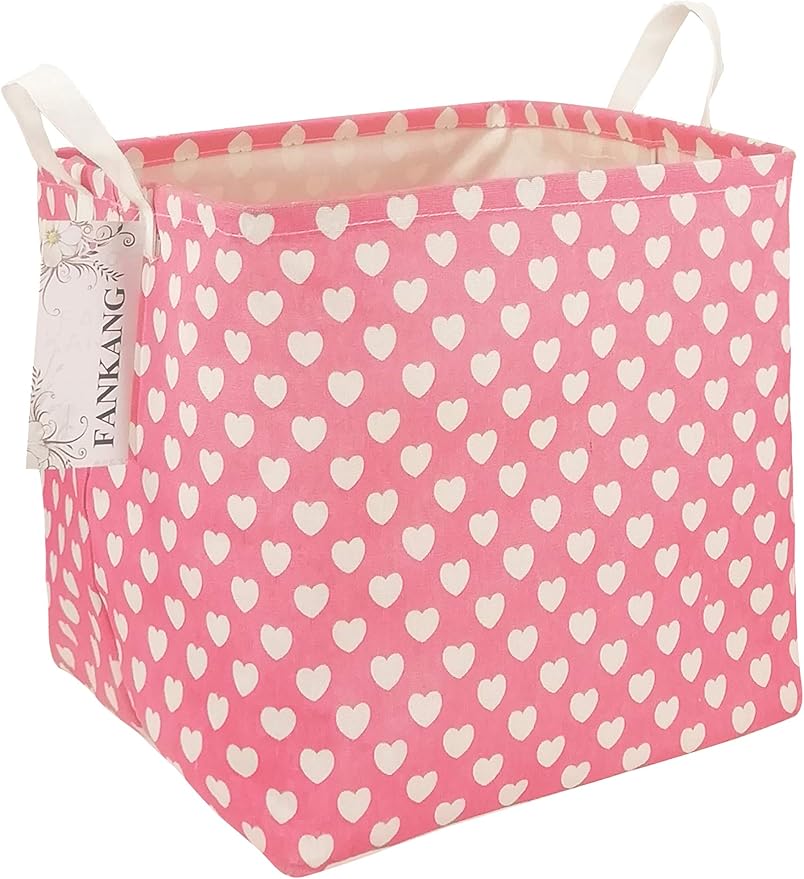 Pink Heart Canvas Storage Bin - Foldable Waterproof Nursery Basket for Girls Room, Hamper Gift Building, and Sweet Gift Giving