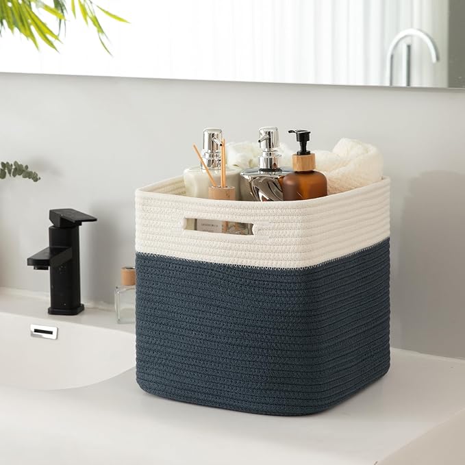 Navy and Cream Woven Cotton Rope Cube Storage Baskets Set of 3 - Bold Two-Tone Organizer Bins for Shelves, Offices, and Boys Rooms