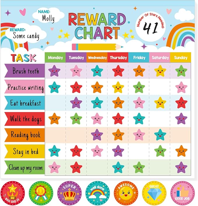 Kids reward chart poster with task rows, colorful star stickers, and weekly days grid