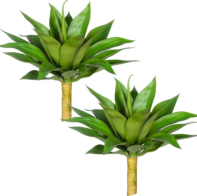 Pair of faux agave plants with bright green spiky leaves on tan stems