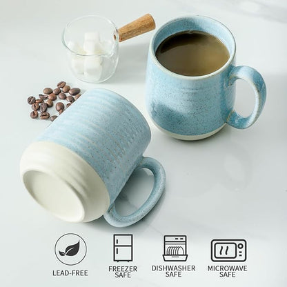 Light Blue Ceramic Coffee Mugs – Set of 4 | 15oz Tranquil Blue Colour Patchwork | Dishwasher & Microwave Safe | Coffee Gift Set
