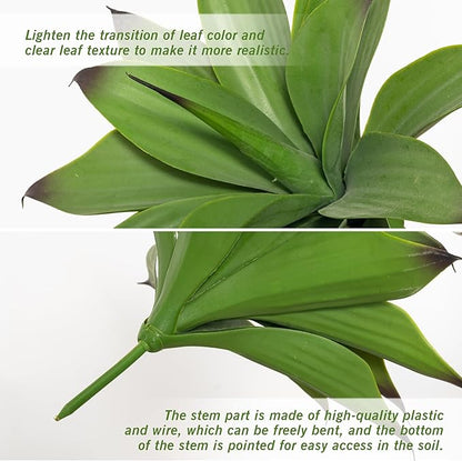 Close-up dark green faux agave leaves with pointed tips and thick central stem