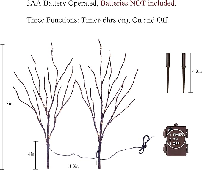Brown willow light set diagram with warm white LEDs and timer controller details