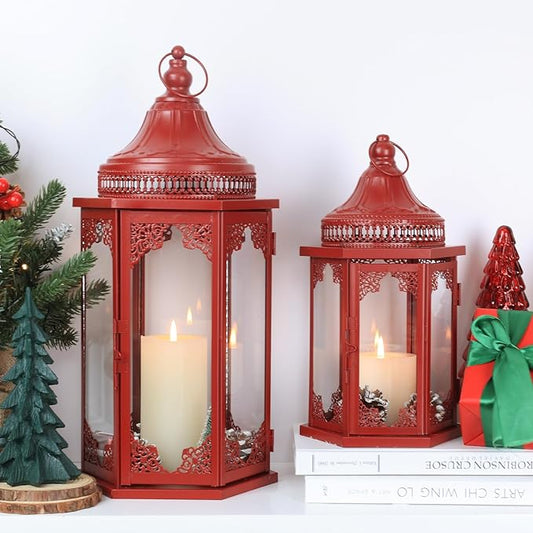 Red decorative lantern set of 2 with glass panels and cutout side designs