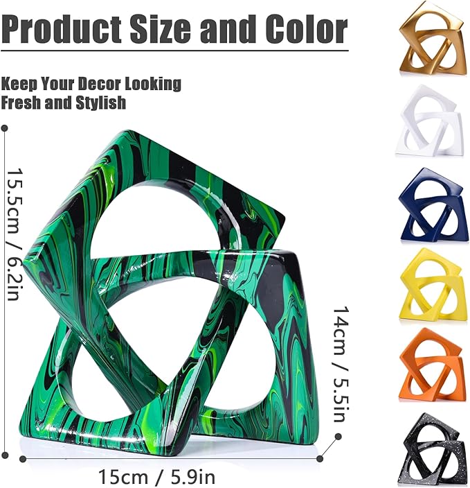 Marbled green and black resin knot sculpture, shown with dimensions of 15 by 15.5 by 14 cm