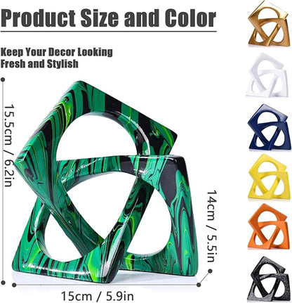 Marbled green and black resin knot sculpture, shown with dimensions of 15 by 15.5 by 14 cm
