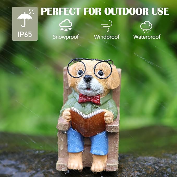 Solar Dog Garden Statue Reading a Book - IP65 Waterproof Resin Outdoor Decor