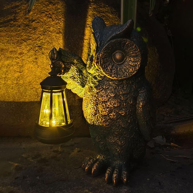 Solar Owl Garden Statue Holding Lantern - Realistic Resin Evening Gathering and Pathway Decor