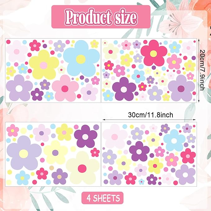 Set of 4 sheets of glow-in-the-dark flower wall stickers with pastel and bright blossoms