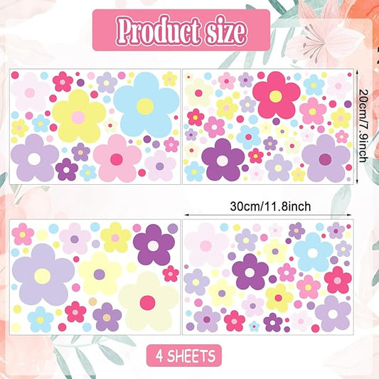 Set of 4 sheets of glow-in-the-dark flower wall stickers with pastel and bright blossoms