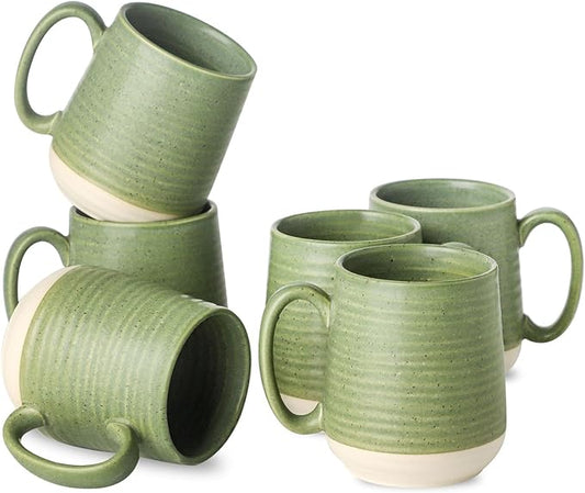 Green Porcelain Coffee Mugs – Set of 6 | 15oz Classic Two-Tone Glaze | Cool-Grip Handle | Freezer, Dishwasher & Microwave Safe