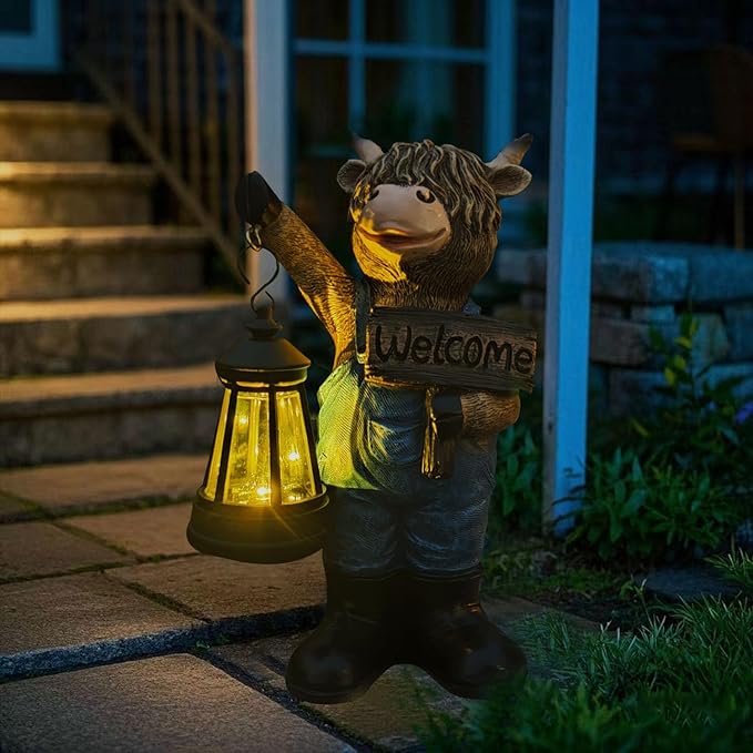 Solar Highland Cow Garden Statue with Lantern and Welcome Sign - Farmhouse Resin Outdoor Decor