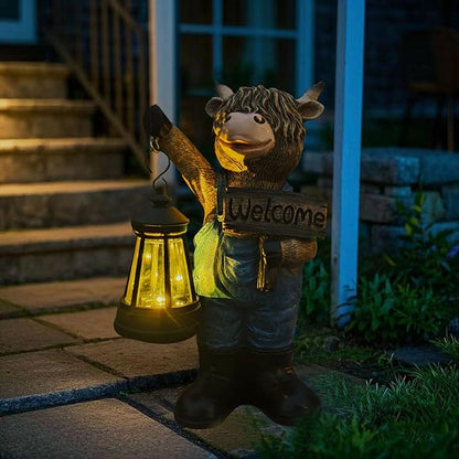 Solar Highland Cow Garden Statue with Lantern and Welcome Sign - Farmhouse Resin Outdoor Decor