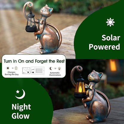 Solar Cat Garden Statue with LED Glow - 10.7-Inch Weatherproof Resin Decor