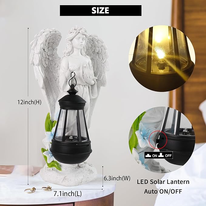 Solar Guardian Angel Garden Statue with Lantern - Antique White Resin Waterproof Outdoor Decor