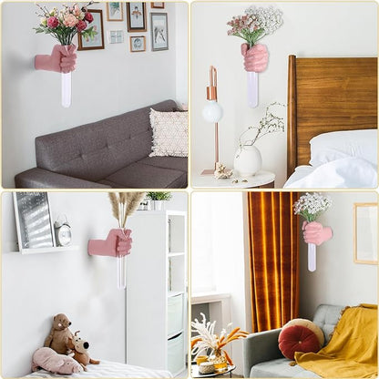 Pink Hand Wall Vase Sculpture - Modern Resin Wall Art with Test Tube Vase for Flowers, Plants, and Decorative Branches