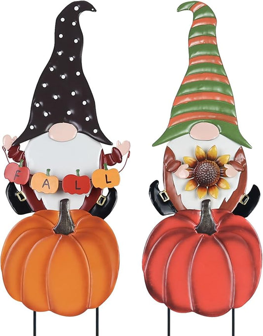 Metal garden gnome stakes with pumpkins, black and green hat designs, fall yard decor set