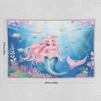 Mermaid Princess Wall Tapestry – 90" x 60" XL Watercolour | Largest Girls Bedroom Decor | Wall Hanging | Dorm Living Room Kids Room