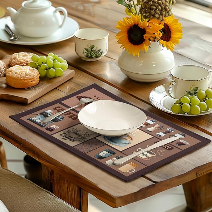 Brown coffee-themed placemat with coffee cup and mug illustrations in a tile pattern