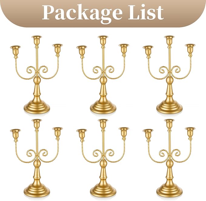 Set of gold metal 3-arm taper candle holders with decorative vine scroll arms and bases.