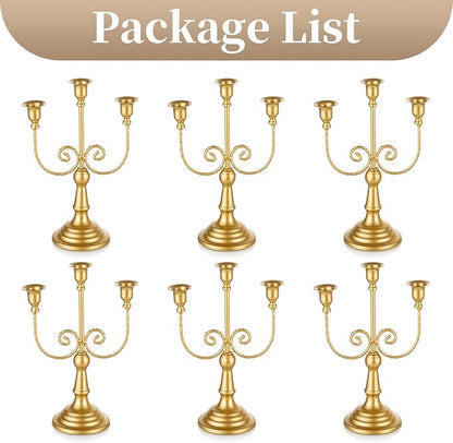 Set of gold metal 3-arm taper candle holders with decorative vine scroll arms and bases.