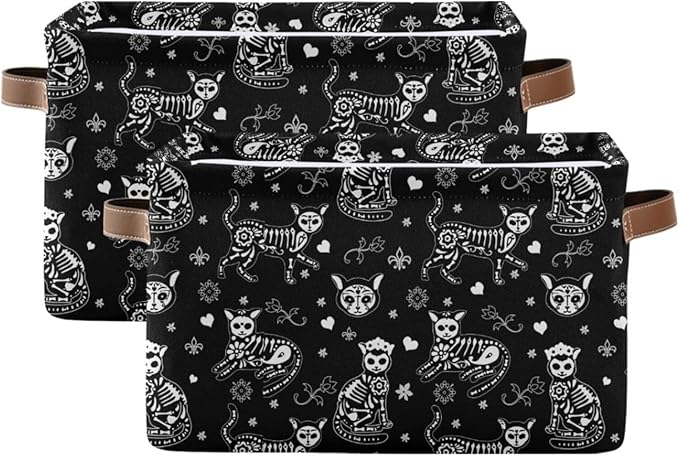 Set of two black collapsible baskets with cat skeleton print and tan carrying handles