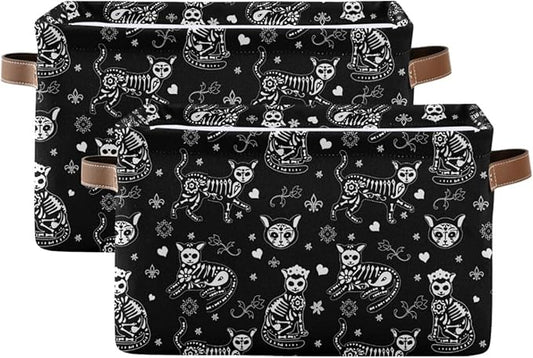 Set of two black collapsible baskets with cat skeleton print and tan carrying handles