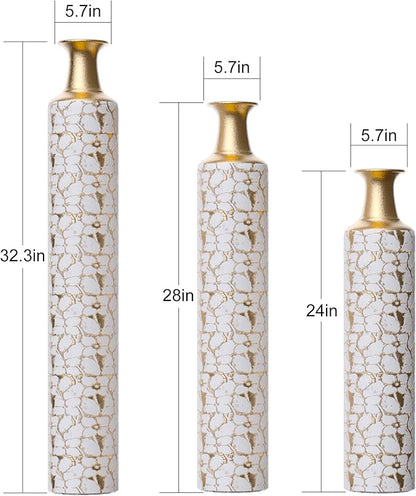 Three twig-pattern metal floor vases shown in different height sizes