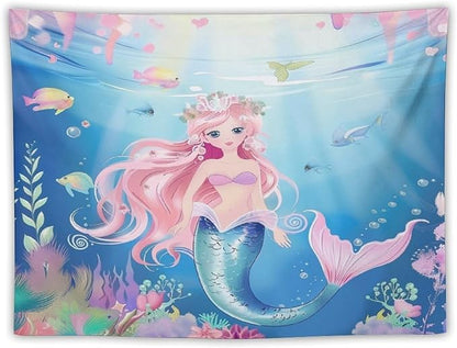 Mermaid Princess Wall Tapestry – 40" x 30" Watercolour | Compact Girls Bedroom Decor | Wall Hanging | Nursery Dorm Kids Room