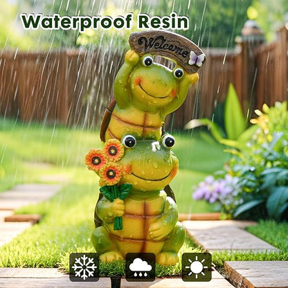 Solar Turtle Garden Statue with Frog Face and 3 LED Lights - Resin Waterproof Outdoor Decor