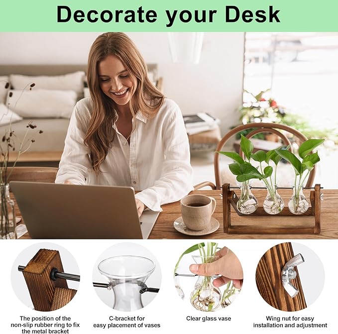 3 clear glass bulb vases with greenery on a brown wood and metal desk stand