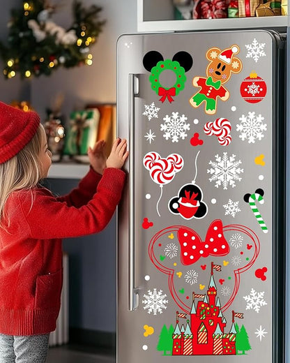 Christmas window clings with Santa, gingerbread house, candy, bows, and snowflakes