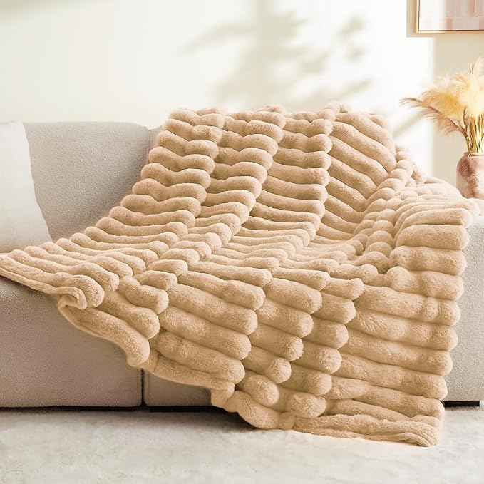 Brown Faux Rabbit Fur Throw Blanket – 50"x60" | 770GSM Double-Sided Luxury Fluffy Blanket | 3D Striped Plush Couch Throw