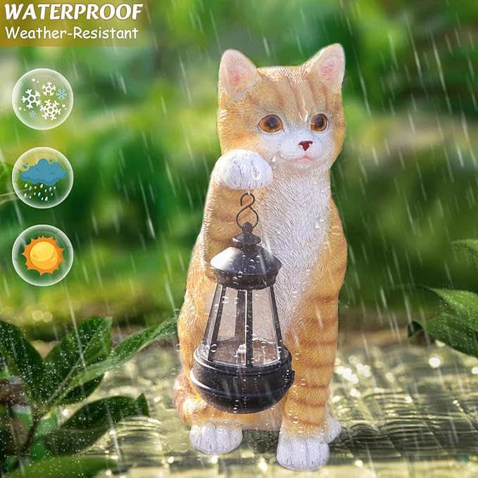 Cat Solar Garden Statue with Lantern - Waterproof Resin Outdoor Decor