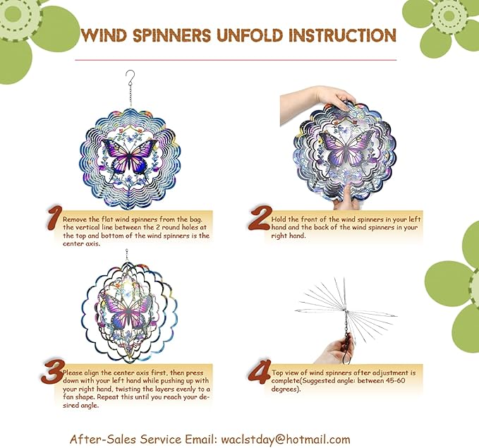 Dragonfly wind spinner product with chain hook, illustrated assembly steps on white background