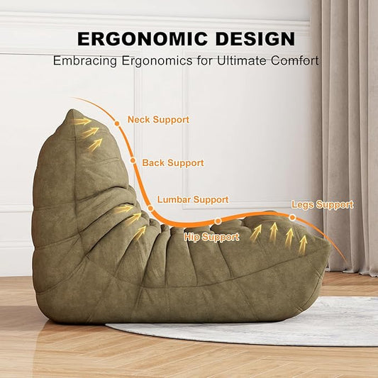 Moss Green Ripple Single Floor Lounge Chair - Togo-Style Solo Foam Seat for Biophilic Interiors, Reading Nook, Nursery, and Quiet Moments for One