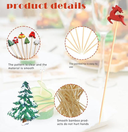 Christmas Cocktail Picks & Decorative Toothpicks, 5-Inch, 100 Count – Tree, Snowman, Elk & Snowflake Fruit, Dessert, Sandwich, Appetizer & Charcuterie Skewers for Themed Parties