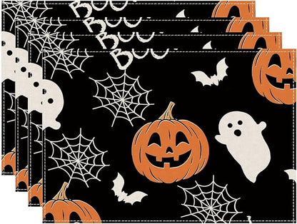 Halloween placemat set: black polyester mat with pumpkins, ghosts, bats, spiderwebs.