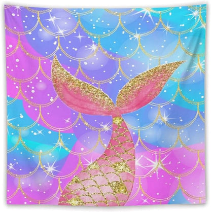 Mermaid Scales Wall Tapestry – 60" x 60" Colourful Shiny Mermaid Tail Pattern | Square Wall Hanging | Bedroom Living Room Dorm
