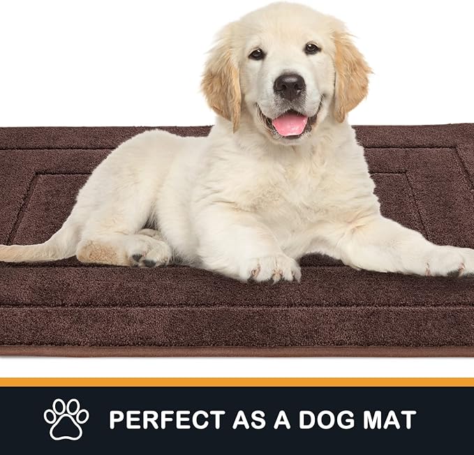 Brown entryway runner with thick textured pile, dog lying on top