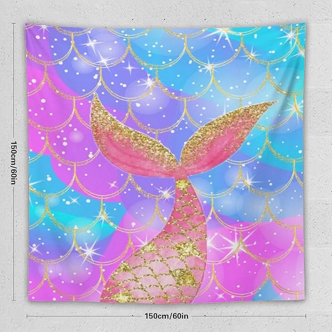 Mermaid Scales Wall Tapestry – 60" x 60" Colourful Shiny Mermaid Tail Pattern | Square Wall Hanging | Bedroom Living Room Dorm