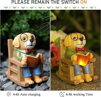 Solar Dog Garden Statue Reading a Book - IP65 Waterproof Resin Outdoor Decor