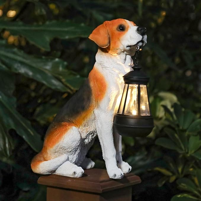 Solar Beagle Dog Garden Statue with Lantern - 11.8-Inch Resin Outdoor Decor