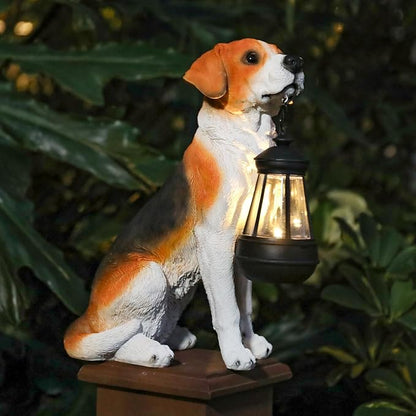 Solar Beagle Dog Garden Statue with Lantern - 11.8-Inch Resin Outdoor Decor