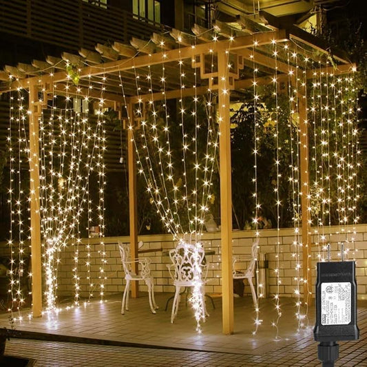 Warm White LED Curtain Fairy Lights – 306 LEDs 10x10ft | 18 Dense Strands 8 Modes Memory Function | Bedroom Wedding Christmas Backdrop Indoor