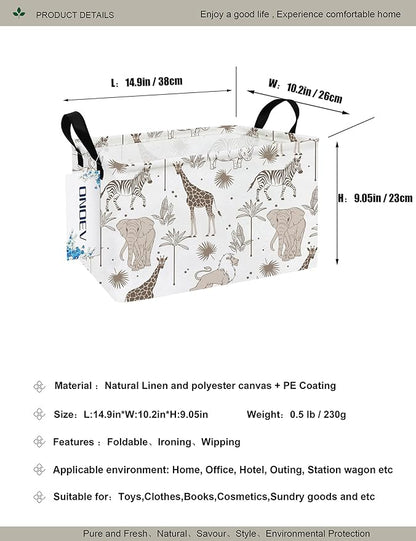 Safari Animals Canvas Storage Hamper Basket - Foldable Waterproof Giraffe Elephant Zebra Bin for Nursery, Kids Room, and Gift Hampers