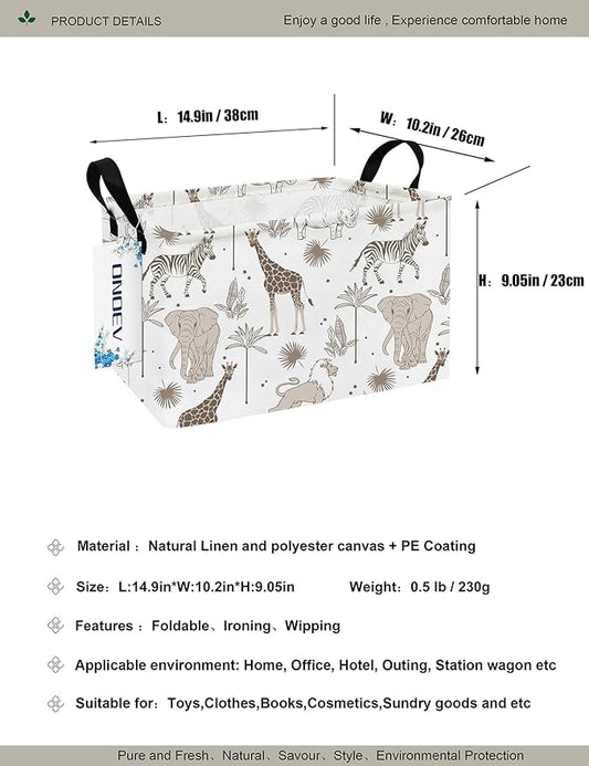 Safari Animals Canvas Storage Hamper Basket - Foldable Waterproof Giraffe Elephant Zebra Bin for Nursery, Kids Room, and Gift Hampers